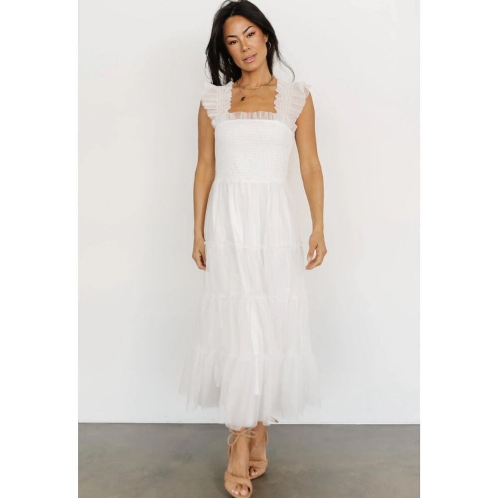 NWT *Baltic Born* Emma Smocked Tulle Tiered Midi Dress | Off White | Size XS